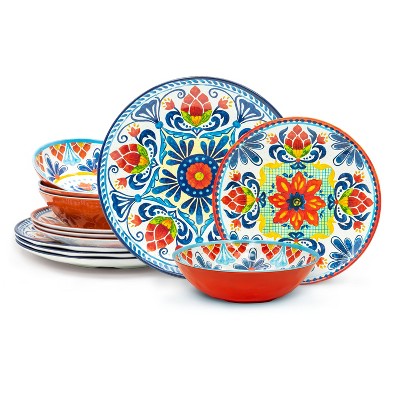 Zak Designs Medallion 12-Piece Plate Bowl Durable Melamine Plastic Dinnerware 12 pcs Set BPA-Free