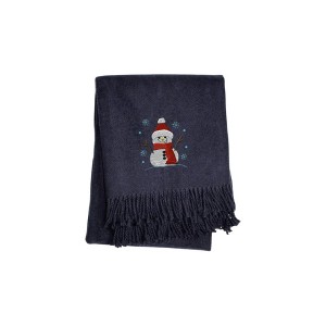 HomeRoots 55" X 70" Navy BlueCotton Blend Woven Snowman Embroidered Throw Blanket with Fringe - 1 of 4