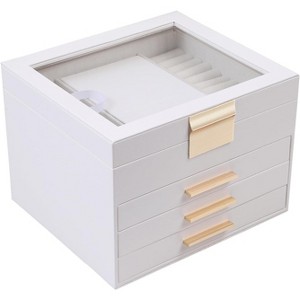 3-Layer Jewelry Box with Clear Lid and 2 Drawers, Black Multi-Functional Organizer for Rings, Earrings, Necklaces - 1 of 4