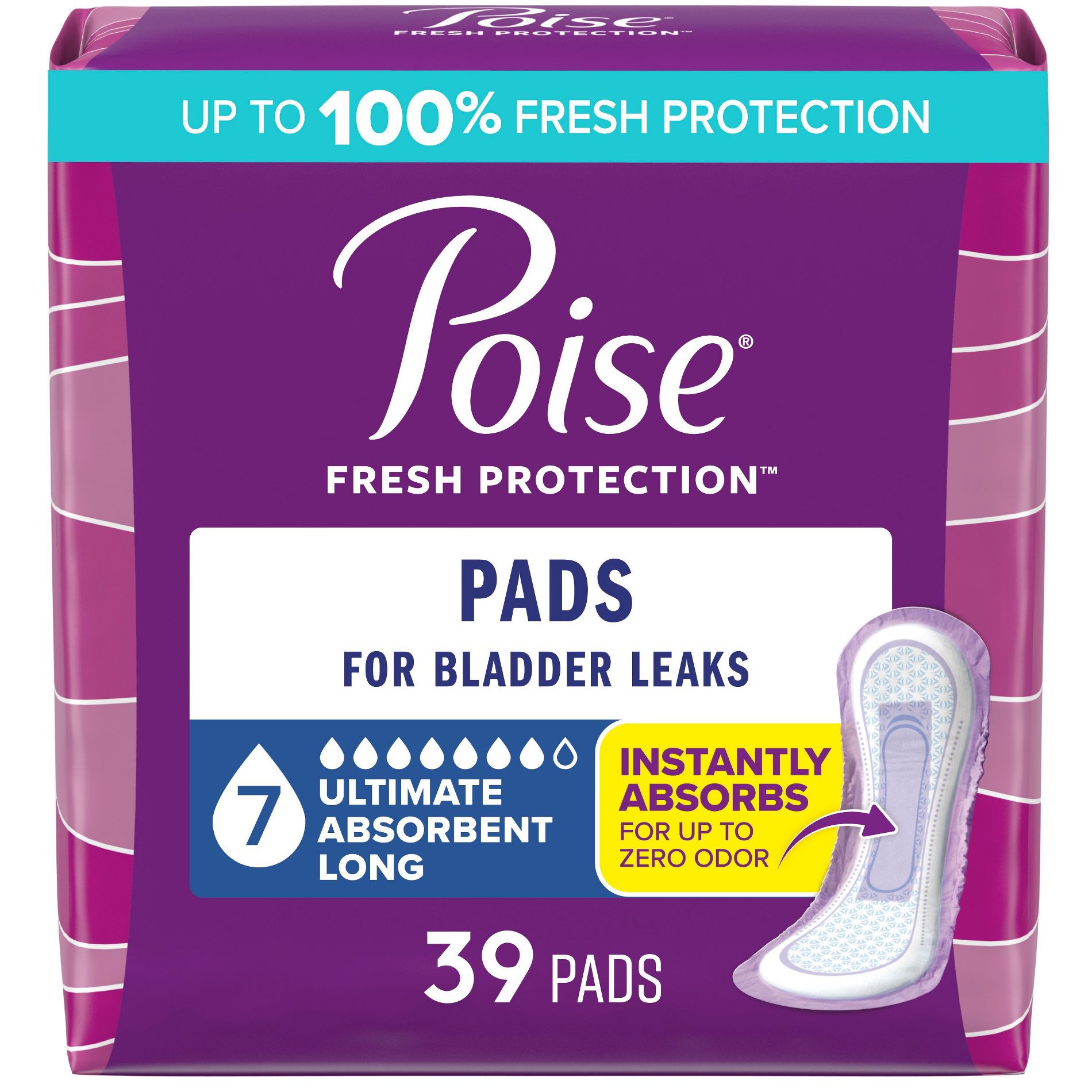 Poise Incontinence Pads for Women - Ultra Absorbency - 7 Drop - Long - 39ct