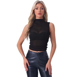 Allegra K Women's Mock Neck Ruched Sleeveless Mesh Summer Cropped Casual Tank Tops - 1 of 4