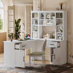 KWPZQEB Corner Computer Desk, L-Shaped Corner Desk with Storage Shelves, Drawers & Barn Door, Gaming Desk with Electrical Outlet for Home, Office - 1 of 4