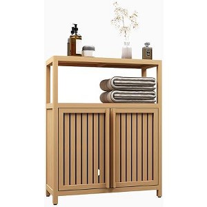 Bathroom Storage Cabinet with Double Slatted Doors, Open Side Shelf; Freestanding Organizer for Bathroom, Living Room, Hallway, Kitchen Neutral - 1 of 4