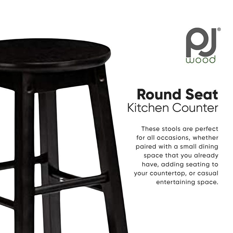 PJ Wood Classic Round-Seat 29 Inch Tall Kitchen Counter Stools for Homes, Dining Spaces, and Bars with Backless Seats, 4 Square Legs, Black, Set of 2, 2 of 7