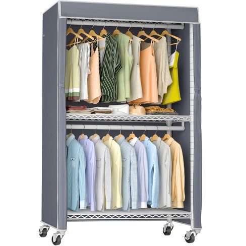 Freestanding Closet Organizer with 4 Drawers,Heavy Duty Clothes Garment  Rack with Shelves and Double Hanging Rod, Metal Clothing Rack Wardrobe for