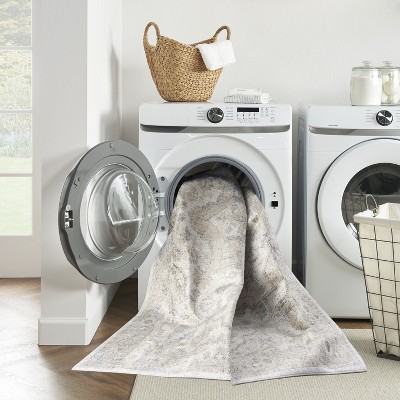 Silver Grey Medallion Low Pile Washable Area Rug