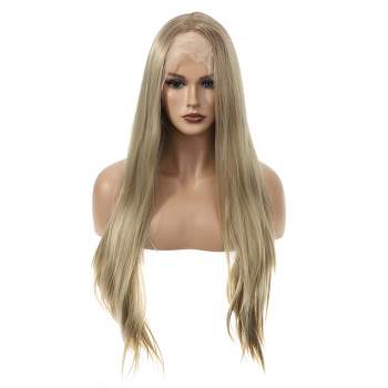 Unique Bargains Women's Long Straight Hair Lace Front Wigs with Wig Cap 26" Gold Tone 1 Pc