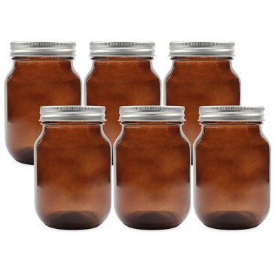 Cornucopia Brands Amber Glass Mason Jars (6pk, Pint Size); Colored Glass Canning and Apothecary Jars