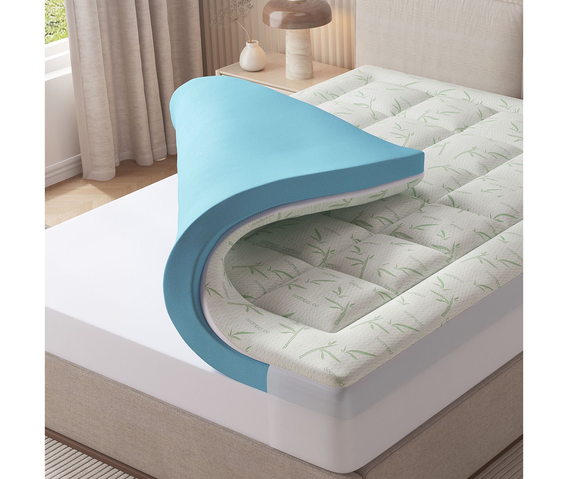 JIONJOY 2-Layer Gel Memory Foam Mattress Topper, Bamboo Breathable Air Layer Bed Topper for Hot Sleepers, Soft Support -Queen 60"x80"