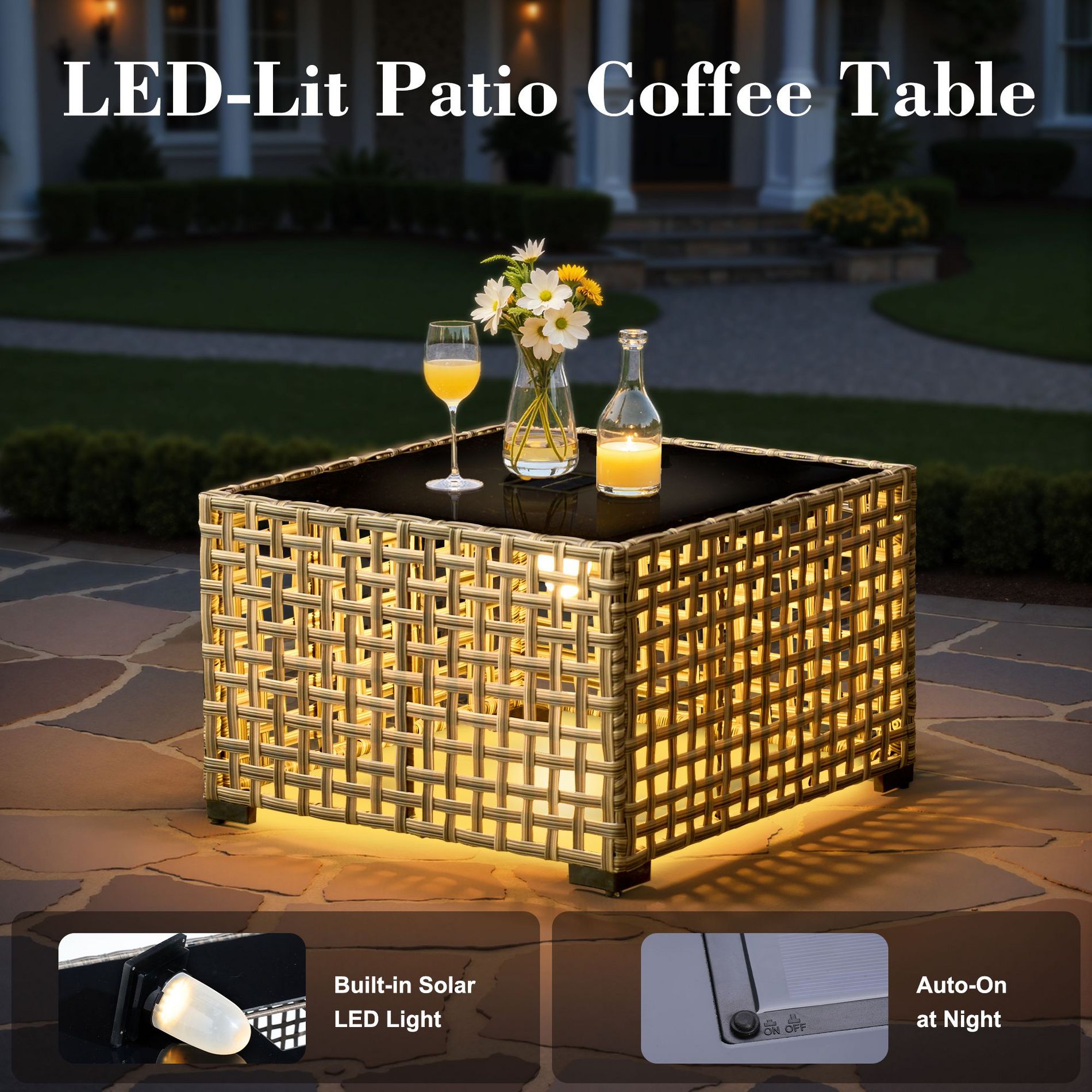 HOMLUX Led-Lit Patio Coffee Table w/ Built-In Solar Powered Led Lights for Patio Garden Backyard, Gray