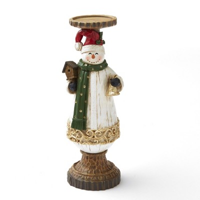 Lakeside Ceramic Holiday Snowman Candle Holder with Wood Carved Looking Details