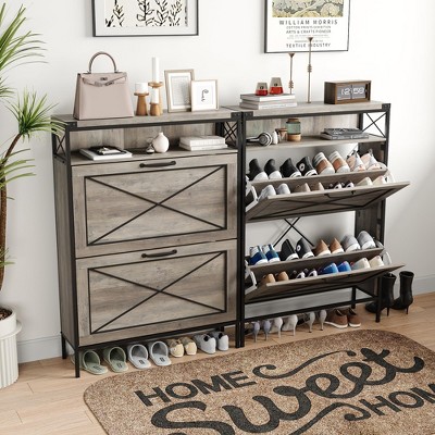 Shoe Storage Cabinet with 2 Flip Drawers, Metal Legs, and Adjustable Shelve