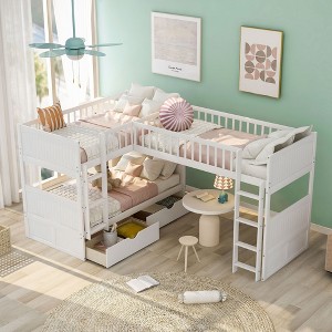CAVINAS Twin Size Bunk Bed L-Shaped Pine Triple Bed Frame with 2 Storage Drawers and Guardrail for Bedroom - 1 of 4