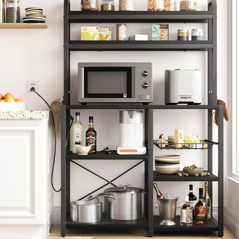 Bakers Rack With Power Outlet Large Kitchen Baker Rack With Wire Basket Microwave Stand With Storage Shelves 6 tier Utility Storage Shelf Black Target