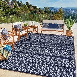 Outdoor Rug Waterproof Patio Rug Mat Geometric Rug Plastic Straw Outside Rug for RV Camping Picnic Reversible Rug, 5' x 8' Black Blue - 1 of 4