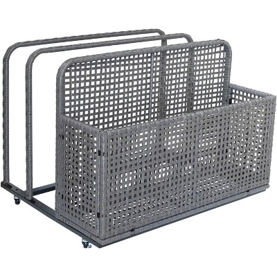 Pool Storage Bin - Outdoor Caddy w/Wheels for Toys, Floaties, Noodles, Towels & Life Vests, PE Rattan Design, Poolside Organizer