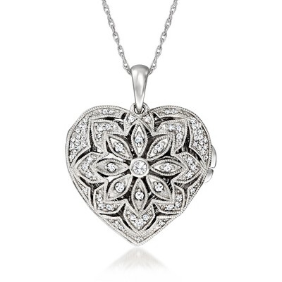 Ross-Simons 0.25 ct. t.w. Diamond Floral Heart Locket Necklace in Sterling Silver