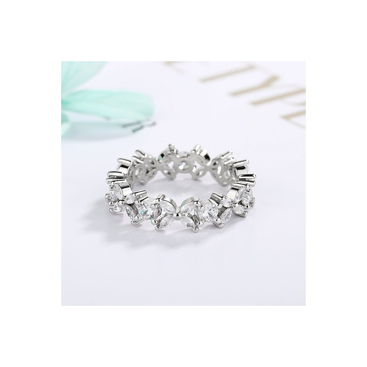 14K White Gold Flower Eternity Ring with Crystals - thumbnail 2