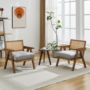 Mid-Century Accent Chair Set of 2 - Farmhouse Wood Armchair with Rattan Backrest & Linen Cushion - 1 of 4