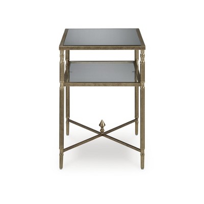 Gold Rectangular Glass and Metal End Table with Mirror Shelf