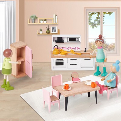 Etokfoks 32pcs Wooden Dollhouse Furniture Set with 4 Dolls for 5 Rooms Living Room Bedroom Kitchen Bathroom Kids Room Pretend Play Toy — фото 3