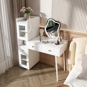 KTMBDW Vanity Desk with LED Mirror, Dressing Table with 3 Drawers and 2 Hidden Glass Cabinets, Vanity Dressing Table Suitable for Bedroom, White - 1 of 4