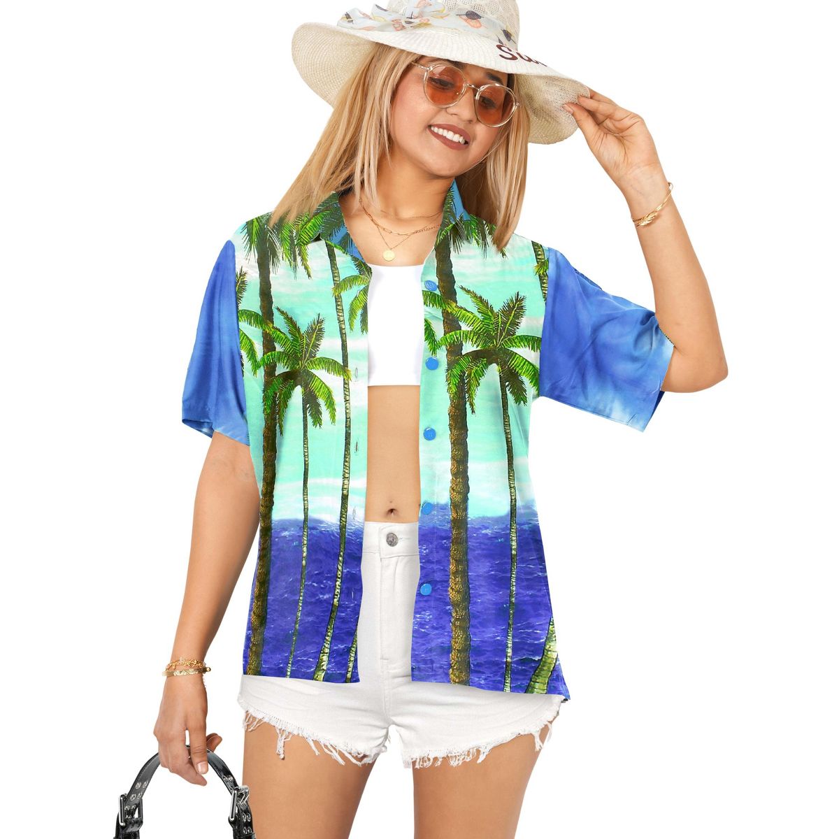 HAPPY BAY Hawaiian Shirts Womens Casual Summer Beach Party TShirts Button Up Short Sleeve Vacation Dress Shirts Colorful Blouses for Women L Blue,Tree