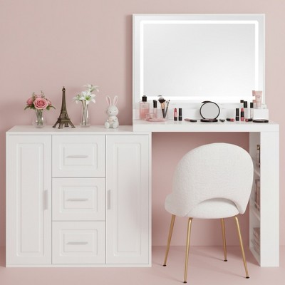Whisen Makeup Vanity Desk with Mirror and 3-Color Lights, Dressing Table with 3 Drawers and 2 Cabinets - White