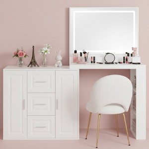 Whisen Makeup Vanity Desk with Mirror and 3-Color Lights, Dressing Table with 3 Drawers and 2 Cabinets - White - 1 of 4