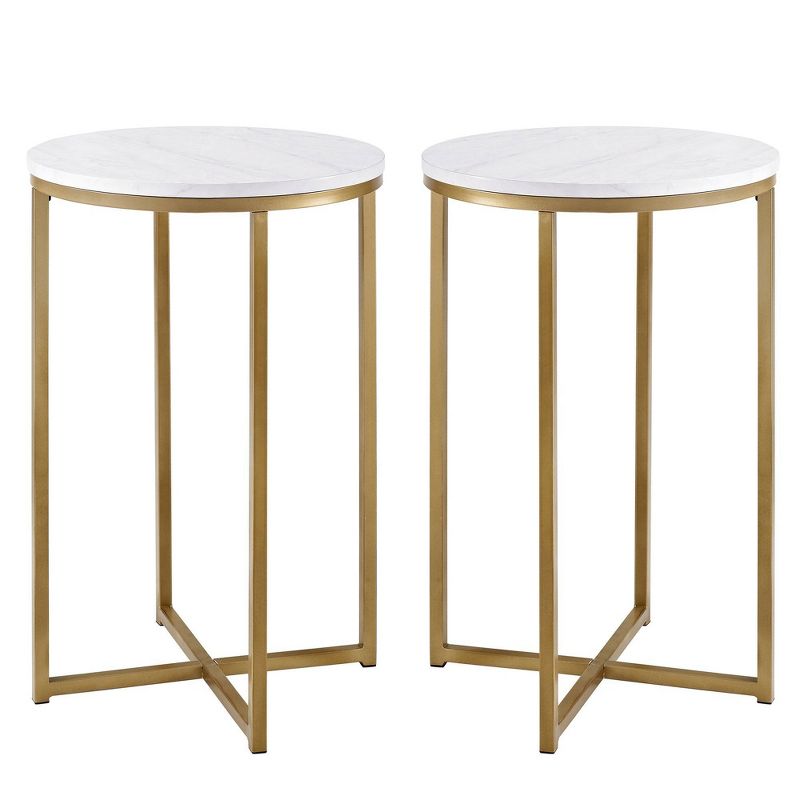 Set of 2 Vivian Glam X Leg Round Side Tables Faux White Marble/Gold - Saracina Home, 4 of 7
