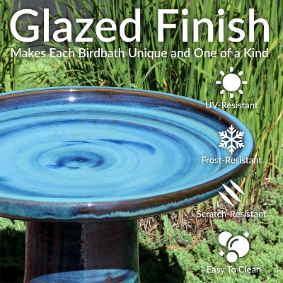 Galaxy Blue Ceramic Bird Bath with Ribbed Pedestal, 21" H