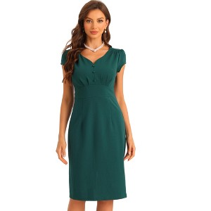 Allegra K Women's Vintage V-Neck Cap Sleeves Back Split Pencil Sheath Dresses - 1 of 4