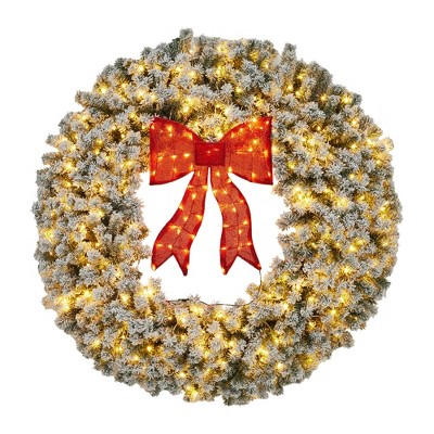 Prelit Christmas Wreaths for Front Door, Weather Resistant with LED Lights & Red Bow for Fireplace Garage Gates Indoor Outdoor
