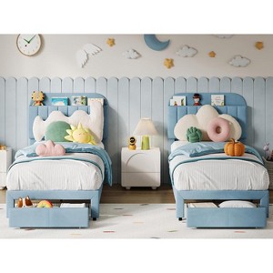 Acekool Twin Bed Set - 2 Upholstered Beds with Bookcase Headboards & Drawers - 1 of 4