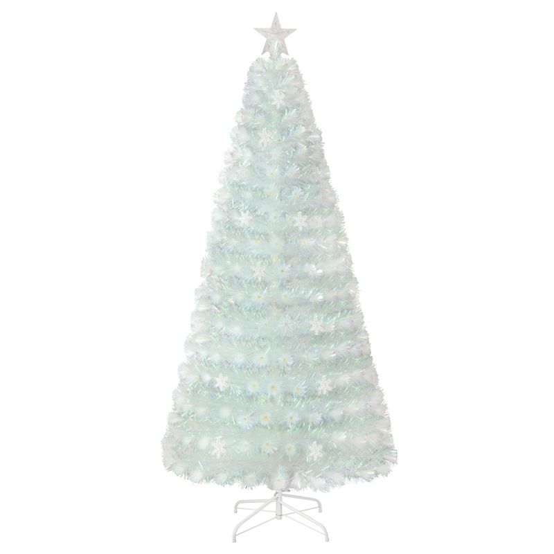 Tangkula 5/6/7FT Artificial Fiber Optic Christmas Tree White Pre-lit Xmas Tree w/ Iridescent Leaves 24/30/36 Multi-color Snowflake Lights, 1 of 10