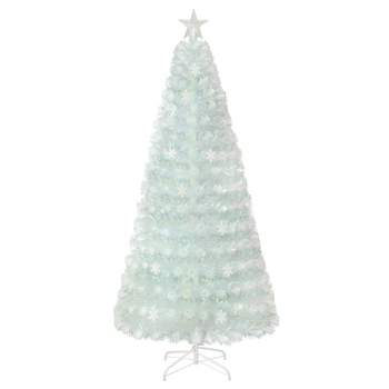 Tangkula 5/6/7FT Artificial Fiber Optic Christmas Tree White Pre-lit Xmas Tree w/ Iridescent Leaves 24/30/36 Multi-color Snowflake Lights