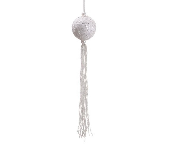 Allstate 12" Winter Frost Glittered Ball with Tassels and Beads Christmas Ornament - White