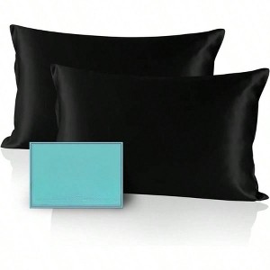 Mulberry Silk Pillow Cases Set of 2, Black, 20×26, Real Silk for Hair Skin, Prevent Acne, Hidden Zipper - 1 of 3