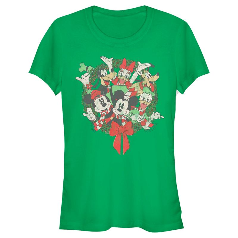 Juniors Womens Mickey & Friends Christmas Group Shot Wreath T-Shirt, 1 of 5