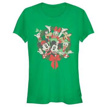 Juniors Womens Mickey & Friends Christmas Group Shot Wreath T-Shirt
