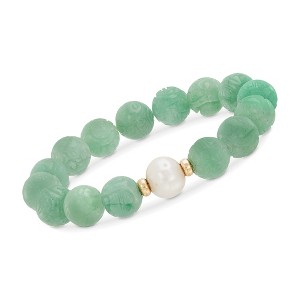 Ross-Simons 11-12mm Cultured Pearl and Carved Green Jade Chinese "Dragon" Bead Stretch Bracelet With 14kt Gold - 1 of 3