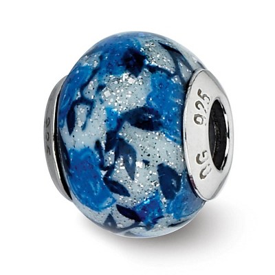 Black Bow Jewelry Blue, Rose Glitter Overlay Glass & Sterling Silver Bead Charm, 15mm