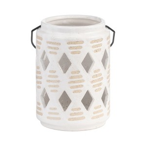 Sagebrook Home 6" Ceramic Lantern - Contemporary Ivory and Beige Diamond Cut-Out Creative Decorative Lantern with Handle for Indoor or Outdoor Use - 1 of 4