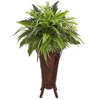 Nearly Natural 32-in Mixed Greens and Fern Artificial Plant in Decorative Stand