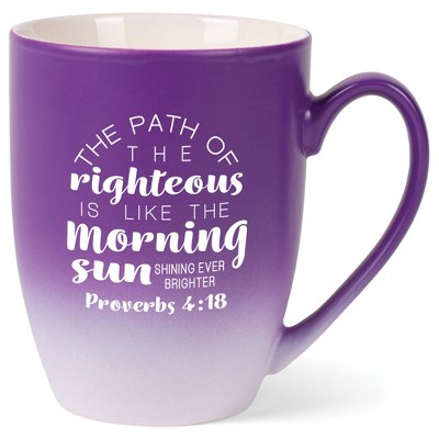 Path Of Righteous Is Like Morning Sun Shining Ever Brighter Proverbs 4:18 Two Toned Matte Purple  White 12 ounce Ceramic Stoneware Coffee Cup Mug