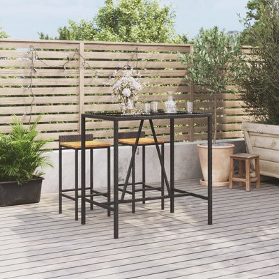 vidaXL Black Modern Bar Table with Tempered Glass Top, Durable Poly Rattan and Powder-Coated Steel Construction, Perfect for Outdoor Living Spaces