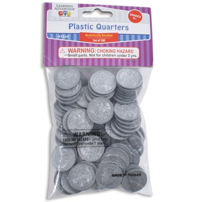 Set of 100 Realistic Silver Plastic Play Quarters