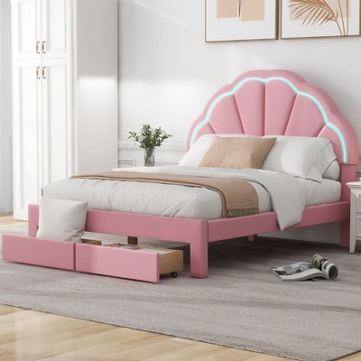 Full Size Upholstered Platform Bed With Seashell Shaped Headboard, Led ...