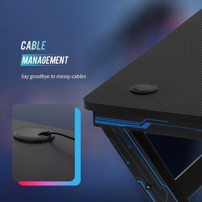 Black Carbon Fiber Gaming Desk with Cup Holder and Headphone Hook