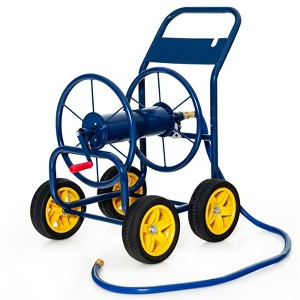 Tangkula 4-Wheel Garden Water Hose Reel Cart, Heavy Duty Wheel Water Planting Cart with Non-slip Crank Handle, Outdoor Slide Hose Guide System Blue/Grey - 1 of 4